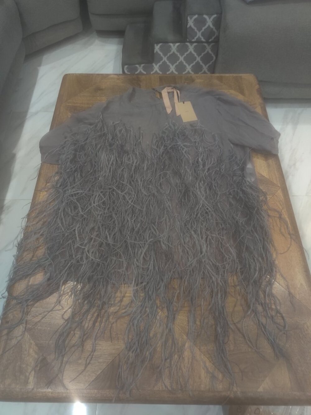 N 21 Silk Crepe Top Size M Grey Feathers New oversized $1635.00